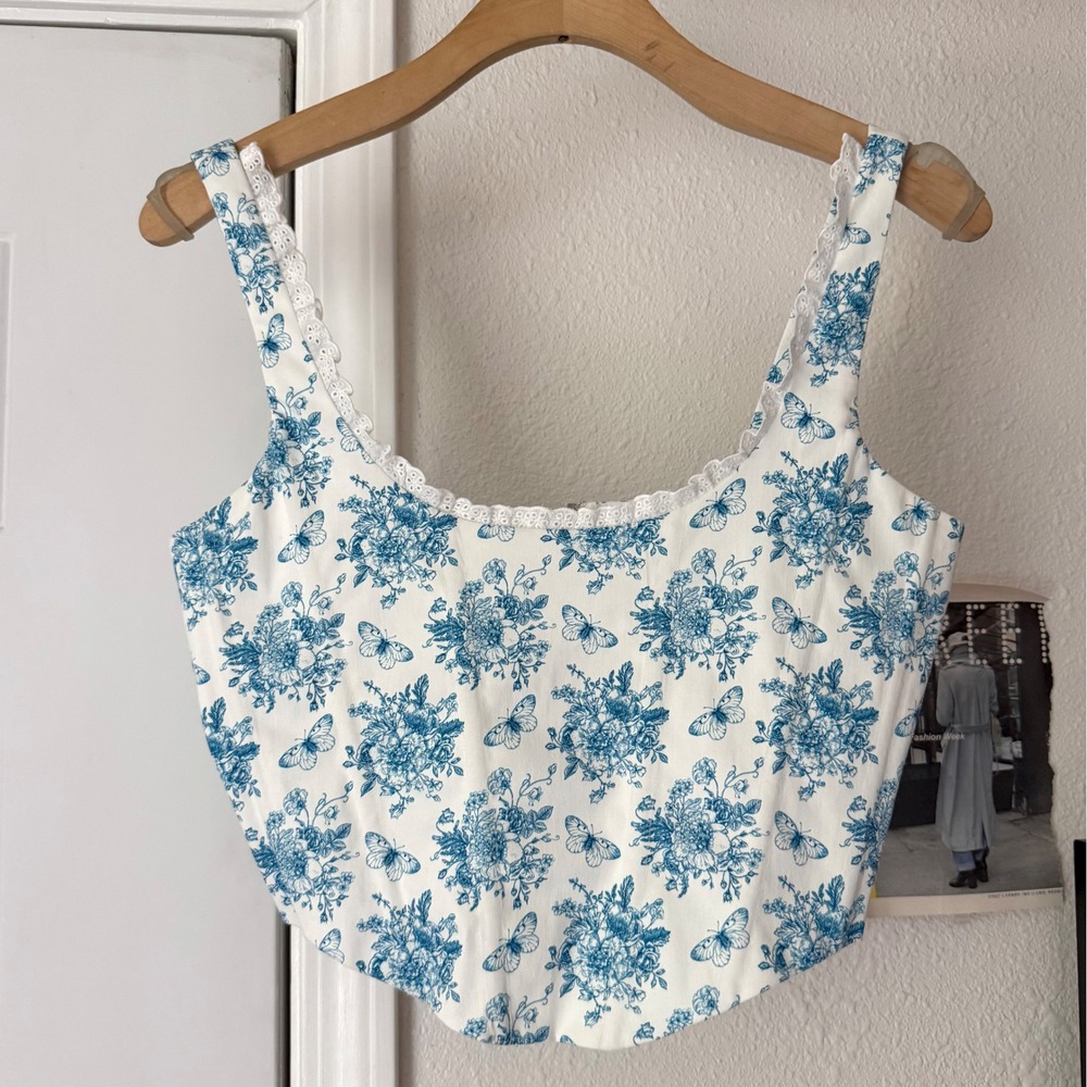 WITH JEAN blue white‎ floral cotton butterfly lace corset bustier cropped  top